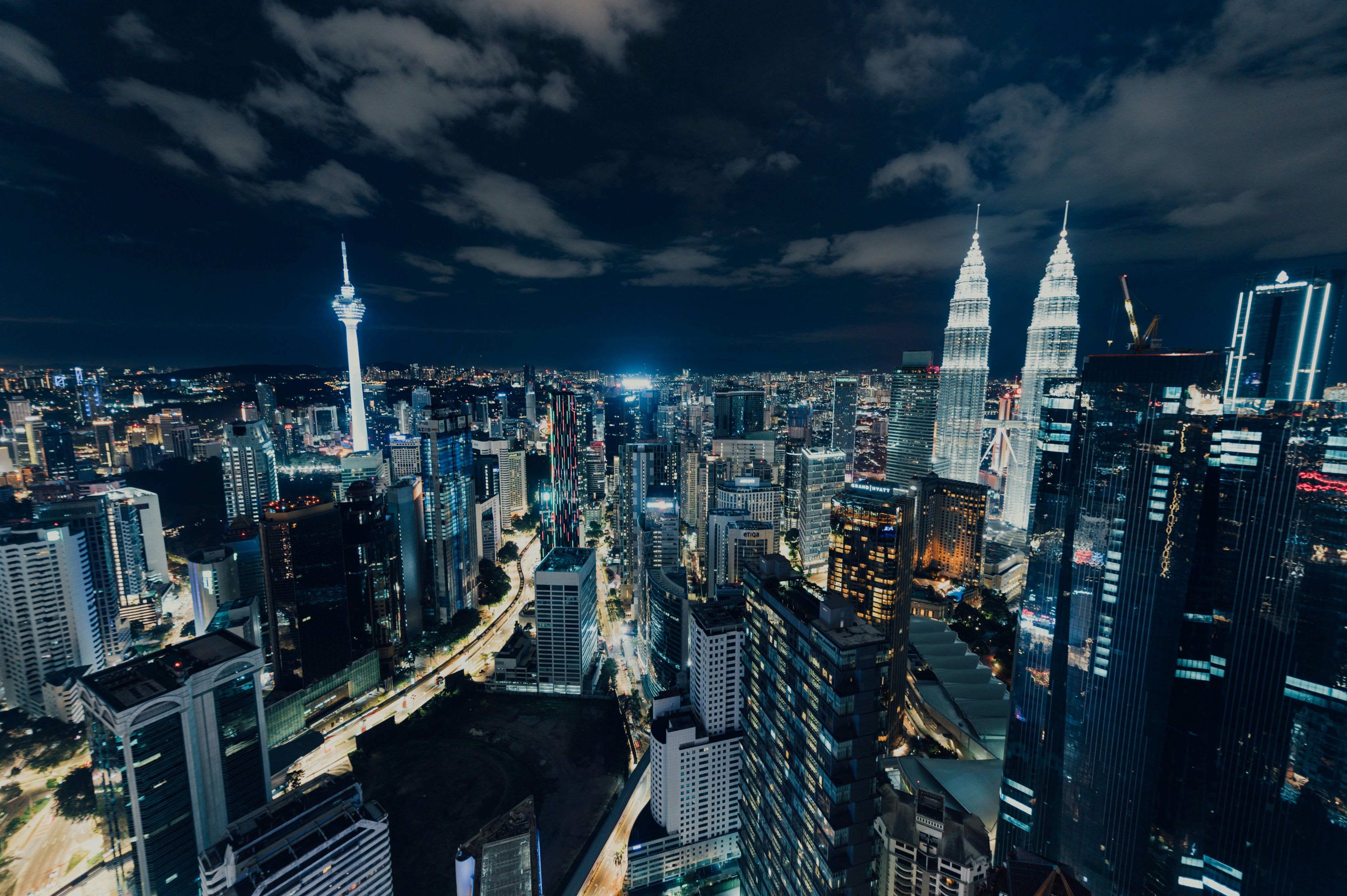 city skyline during night time